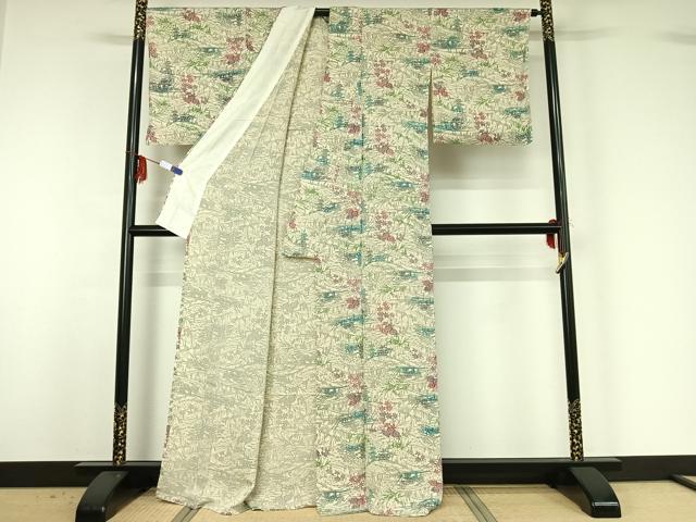 平和屋着物▽上質な小紋 単衣 本流紅型染 風景花文 鬼しぼ縮緬 反端付き 正絹 逸品 AABG3740jh