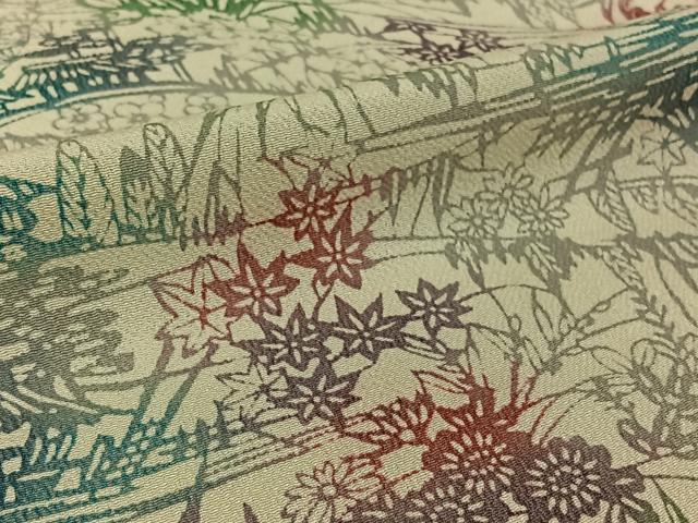 平和屋着物▽上質な小紋 単衣 本流紅型染 風景花文 鬼しぼ縮緬 反端付き 正絹 逸品 AABG3740jh