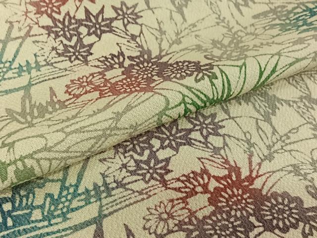 平和屋着物▽上質な小紋 単衣 本流紅型染 風景花文 鬼しぼ縮緬 反端付き 正絹 逸品 AABG3740jh