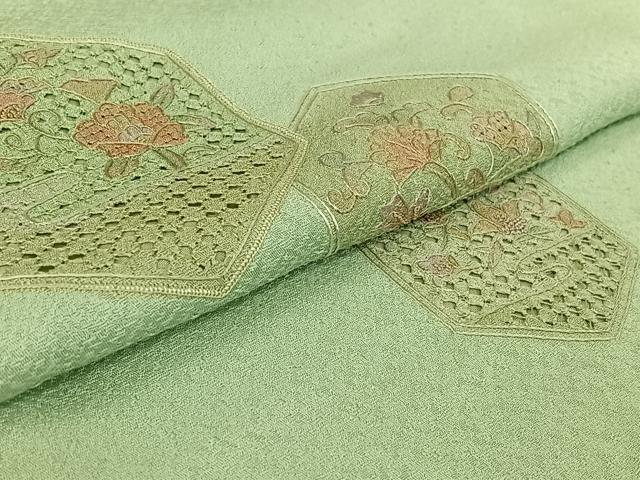 平和屋着物▽訪問着 単衣 中国三大刺繍 汕頭刺繍 スワトウ刺繍 総刺繍 亀甲花文 正絹 逸品 AABG3759jh