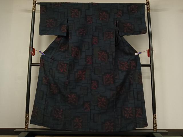 平和屋着物▽上質な紬 単衣 色紙重ね源氏車文 正絹 逸品 AABG3772jh