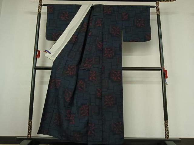 平和屋着物▽上質な紬 単衣 色紙重ね源氏車文 正絹 逸品 AABG3772jh