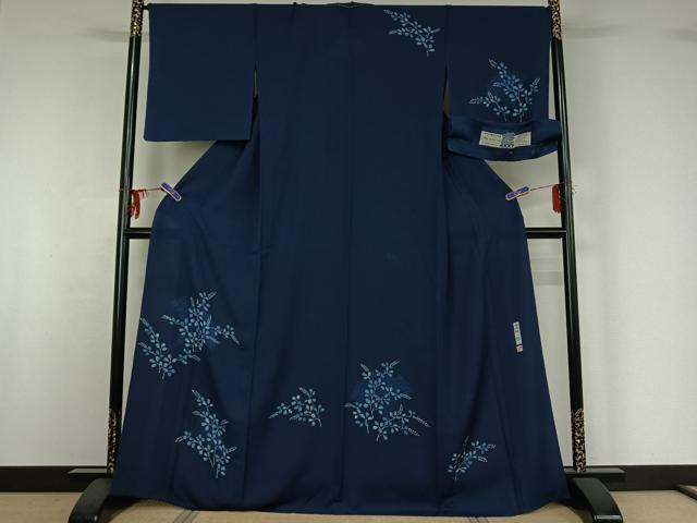 平和屋着物▽無形文化財保持者 古庄理一郎 本藍染め 訪問着 単衣 萩文 反端付き 正絹 逸品 AABG3775jh