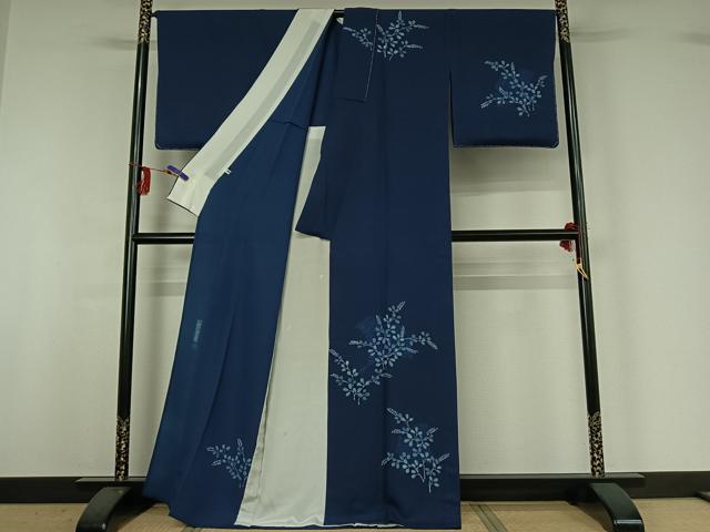 平和屋着物▽無形文化財保持者 古庄理一郎 本藍染め 訪問着 単衣 萩文 反端付き 正絹 逸品 AABG3775jh