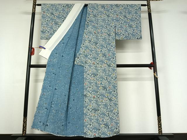 平和屋着物▽上質な小紋 単衣 藍 型染め 花鳥文 鬼しぼ縮緬 正絹 逸品 AABG3780jh