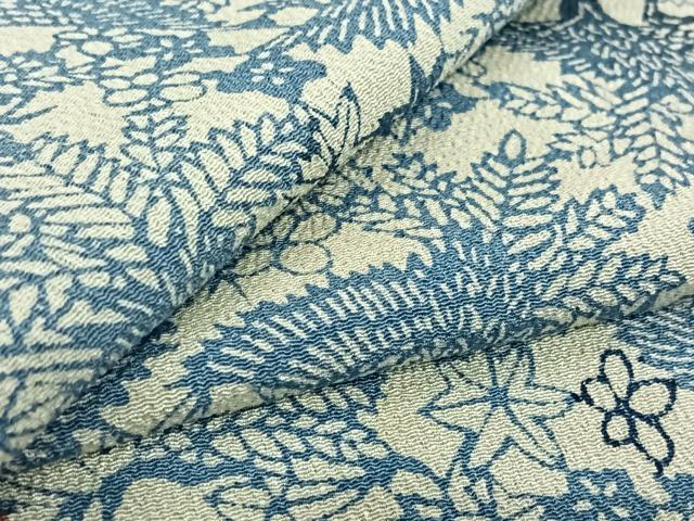 平和屋着物▽上質な小紋 単衣 藍 型染め 花鳥文 鬼しぼ縮緬 正絹 逸品 AABG3780jh