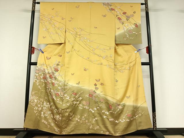 平和屋着物▽訪問着 単衣 駒刺繍 花蝶文 暈し染め 金彩 正絹 逸品 AABG3782jh