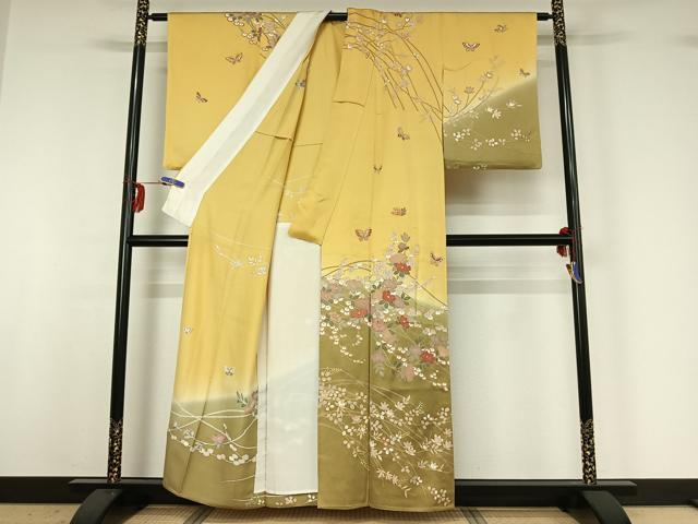 平和屋着物▽訪問着 単衣 駒刺繍 花蝶文 暈し染め 金彩 正絹 逸品 AABG3782jh