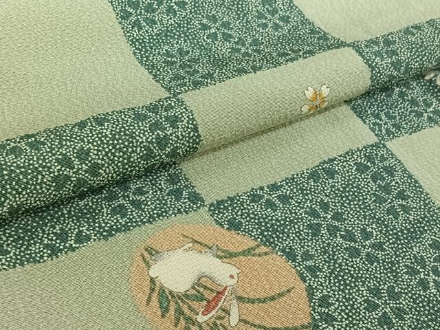 平和屋着物▽上質な小紋 単衣 市松舞花文 兎 正絹 逸品 AABG3786jh