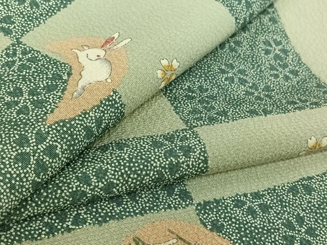 平和屋着物▽上質な小紋 単衣 市松舞花文 兎 正絹 逸品 AABG3786jh