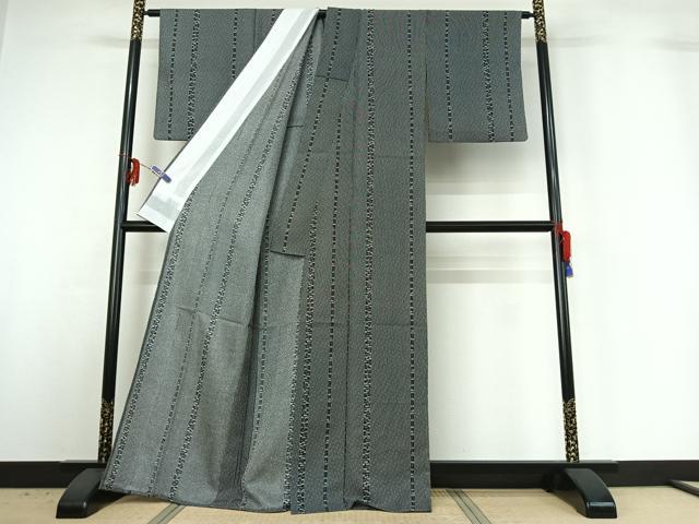 平和屋着物▽小紋 単衣 笹竹文 黒地 洗える着物 AABG3802jh