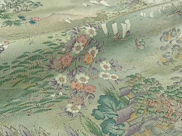 平和屋着物▽訪問着 単衣 手描き 風景人物花文 暈し染め 金彩 正絹 逸品 AABG3810jh