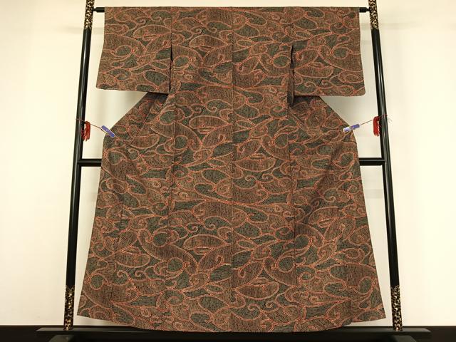 平和屋着物▽上質な紬 単衣 唐草文 正絹 逸品 AABG3814jh
