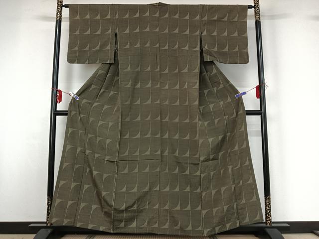 平和屋着物▽上質な紬 単衣 幾何学文様 正絹 逸品 AABG3826jh