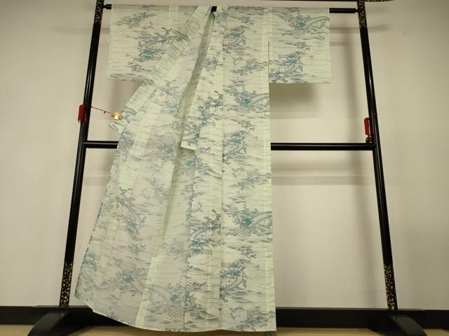 平和屋着物*夏物 小紋 絽 渡橋風景文 洗える着物 AABG3910jd
