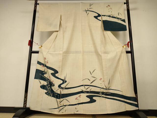 平和屋着物*夏物 訪問着 生紬 流水草花文 正絹 逸品 AABG3916jd