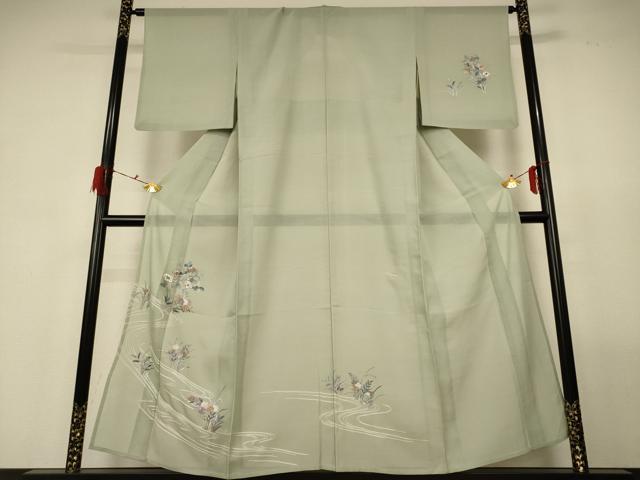 平和屋着物*夏物 訪問着 紗 刺繍 流水草花文 正絹 逸品 AABG3920jd