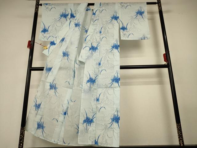平和屋着物*夏物 小紋 紗 流水草花文 洗える着物 AABG3982jd