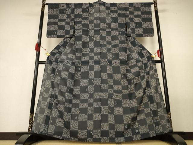 平和屋着物*夏物 小紋 絽 市松文様 蜻蛉 洗える着物 AABG3990jd