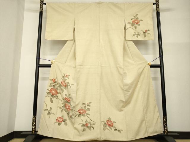 平和屋着物●訪問着 紬地 手描き 枝椿 正絹 逸品 AABG4019ck