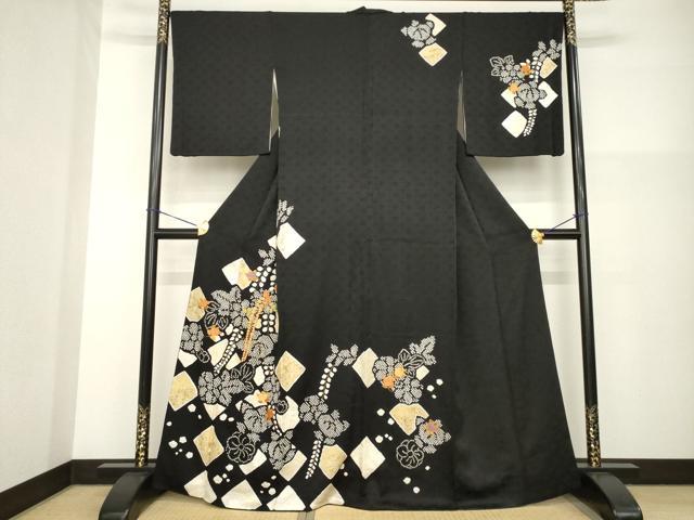 平和屋着物●訪問着 駒刺繍 絞り 草花文 黒地 正絹 逸品 AABG4032ck