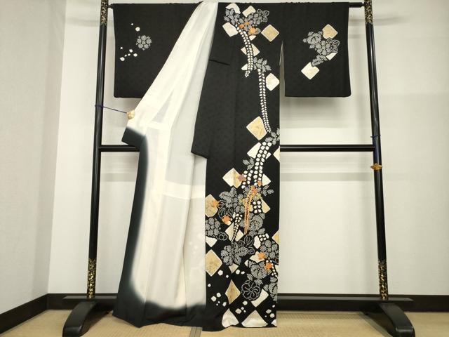 平和屋着物●訪問着 駒刺繍 絞り 草花文 黒地 正絹 逸品 AABG4032ck