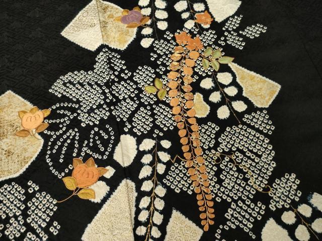 平和屋着物●訪問着 駒刺繍 絞り 草花文 黒地 正絹 逸品 AABG4032ck