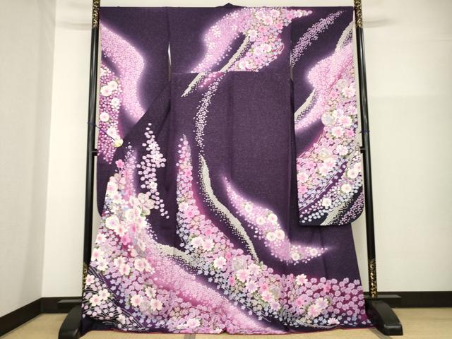 平和屋着物●豪華振袖 舞花文 暈し染め 金彩 銀通し地 ロング丈 正絹 逸品 AABG4047ck