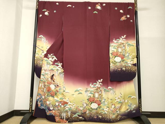 平和屋着物●豪華振袖 駒刺繍 御所車女人花文 暈し染め 金彩 正絹 逸品 AABG4064ck