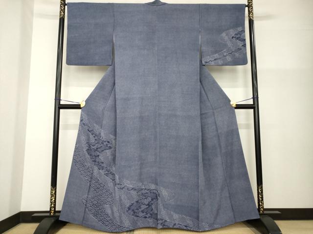 平和屋着物●江戸小紋 藍 流水文 正絹 逸品 AABG4076ck