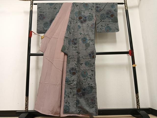 平和屋着物●上質な小紋 中国三大刺繍 汕頭刺繍 スワトウ刺繍 総刺繍 紬地 草花文 正絹 逸品 AABG4082ph