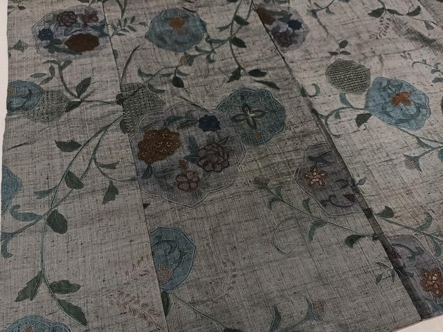 平和屋着物●上質な小紋 中国三大刺繍 汕頭刺繍 スワトウ刺繍 総刺繍 紬地 草花文 正絹 逸品 AABG4082ph