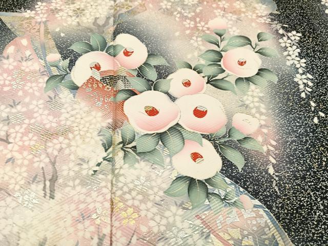平和屋着物●大正の浮世絵師 竹久夢二 夢二ロマン 訪問着 草花文 暈し染め 黒地 金銀彩 正絹 逸品 AABG4090ph