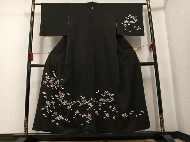 平和屋着物●訪問着 夜桜 黒地 金彩 正絹 逸品 AABG4095ph
