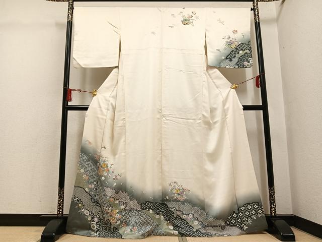 平和屋着物●訪問着 駒刺繍 雪輪花車文 暈し染め 金彩 正絹 逸品 AABG4109ph