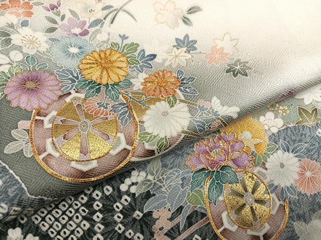 平和屋着物●訪問着 駒刺繍 雪輪花車文 暈し染め 金彩 正絹 逸品 AABG4109ph
