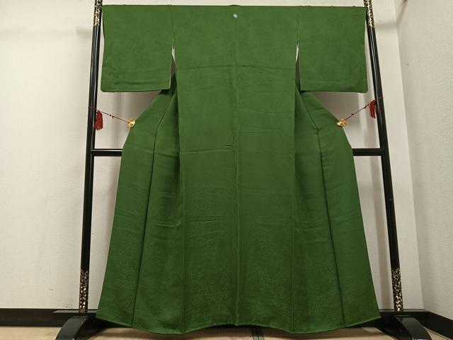 平和屋着物●上質な色無地 草木地紋 松葉色 正絹 逸品 AABG4115ph