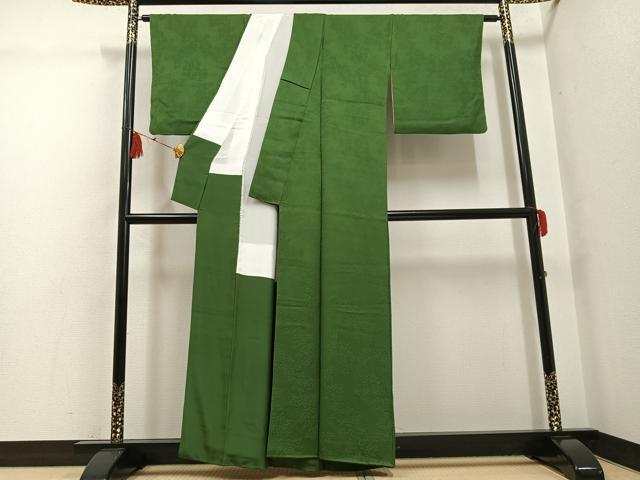 平和屋着物●上質な色無地 草木地紋 松葉色 正絹 逸品 AABG4115ph