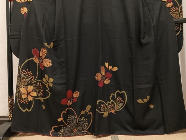平和屋着物●豪華振袖 駒刺繍 夜桜 黒地 金彩 正絹 逸品 AABG4132ph