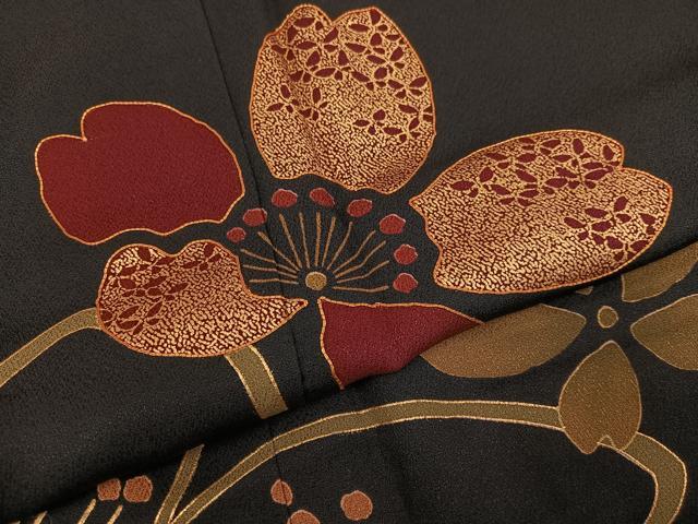 平和屋着物●豪華振袖 駒刺繍 夜桜 黒地 金彩 正絹 逸品 AABG4132ph