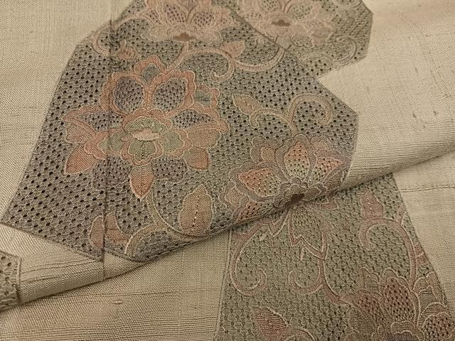 平和屋着物●訪問着 中国三大刺繍 汕頭刺繍 スワトウ刺繍 紬地 花唐草文 正絹 逸品 AABG4160ph