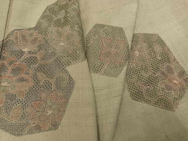 平和屋着物●訪問着 中国三大刺繍 汕頭刺繍 スワトウ刺繍 紬地 花唐草文 正絹 逸品 AABG4160ph