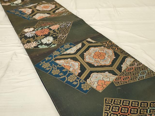 平和屋着物◎六通柄袋帯 色紙花文 金糸 正絹 逸品 AABG4176ou