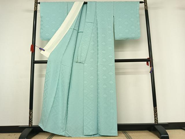 平和屋着物▽上質な色無地 単衣 松皮菱地紋 錆青磁色 正絹 逸品 AABG4213jh