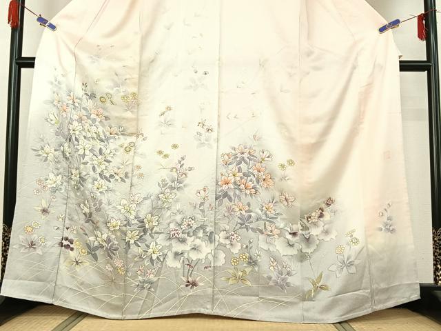 平和屋着物▽訪問着 単衣 作家物 手描き 草花文 暈し染め 正絹 逸品 AABG4221jh