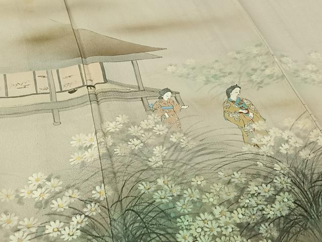 平和屋着物▽訪問着 単衣 手描き 人物風景花文 暈し染め 正絹 逸品 AABG4224jh