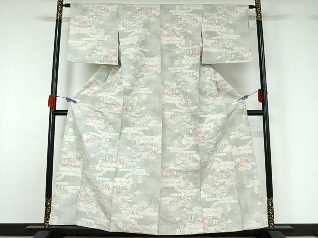 平和屋着物▽上質な紬 単衣 風景花文 正絹 逸品 AABG4238jh
