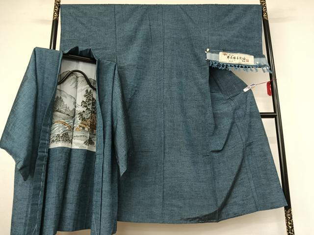 平和屋着物▽男性 本真綿手織紬 単衣 アンサンブル 霞文 反端付き 正絹 逸品 AABG4255jh