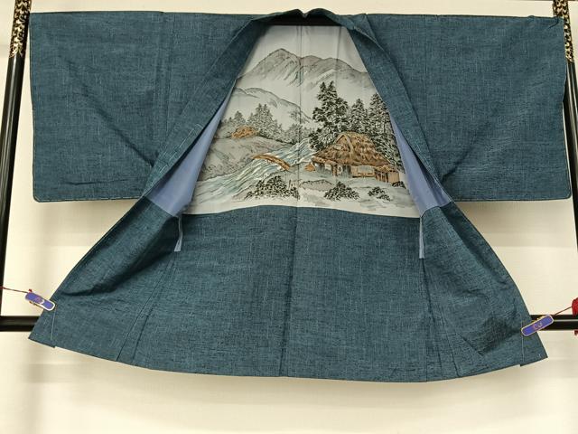平和屋着物▽男性 本真綿手織紬 単衣 アンサンブル 霞文 反端付き 正絹 逸品 AABG4255jh
