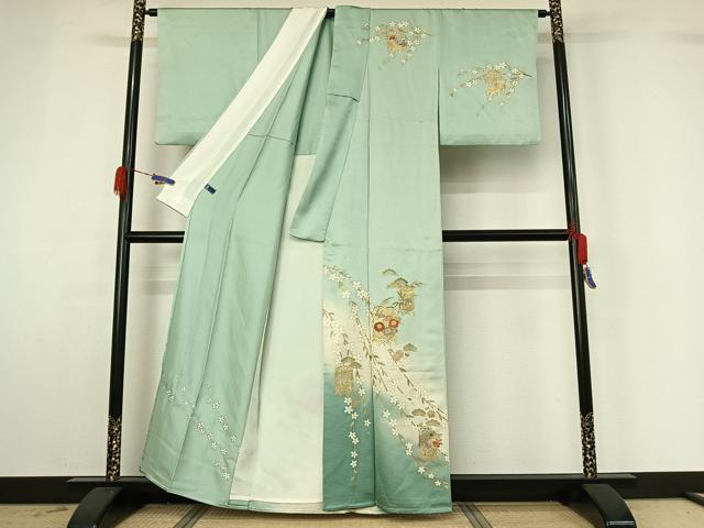 平和屋着物▽訪問着 単衣 駒刺繍 貝桶花文 暈し染め 金彩 正絹 逸品 AABG4272jh